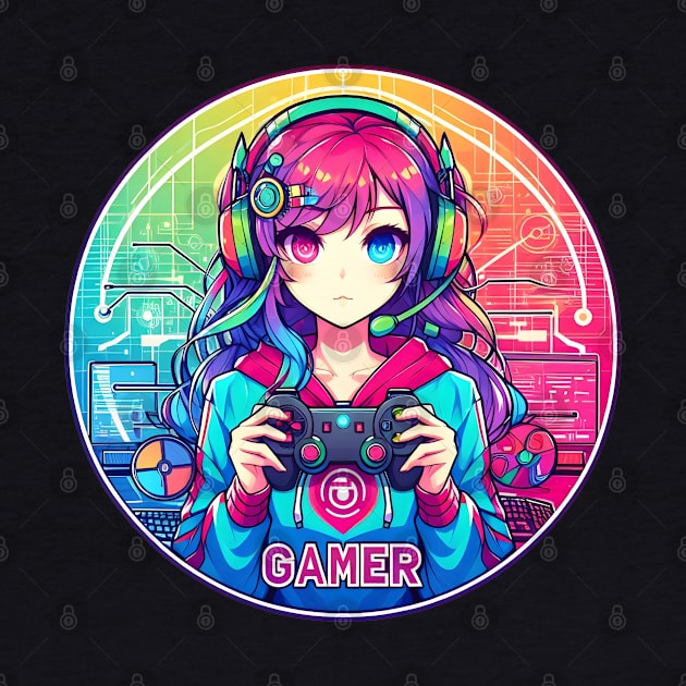 Neon Anime Manga gamer girl playing video games by Japanese Fever